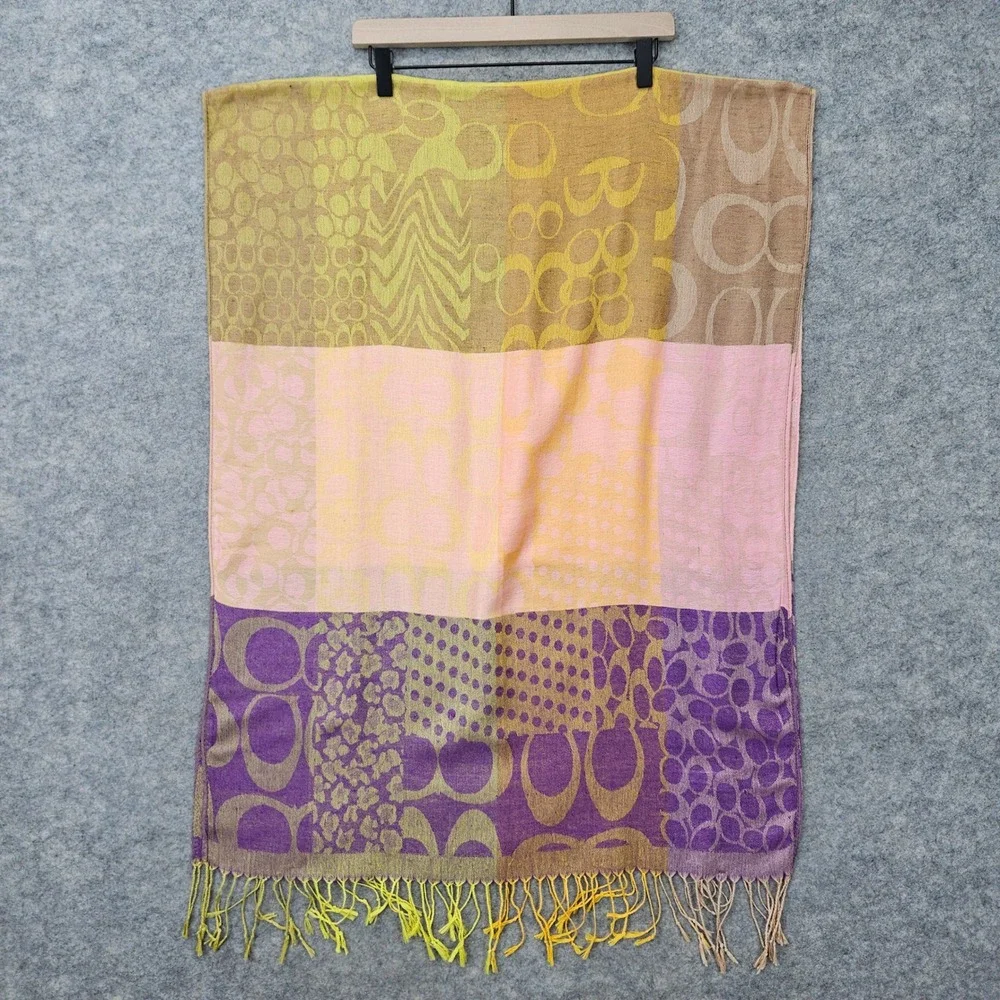 Coach Women's Multicolor Pashmina‎ Scarf OS Colorblock Geometric Fringe Boho